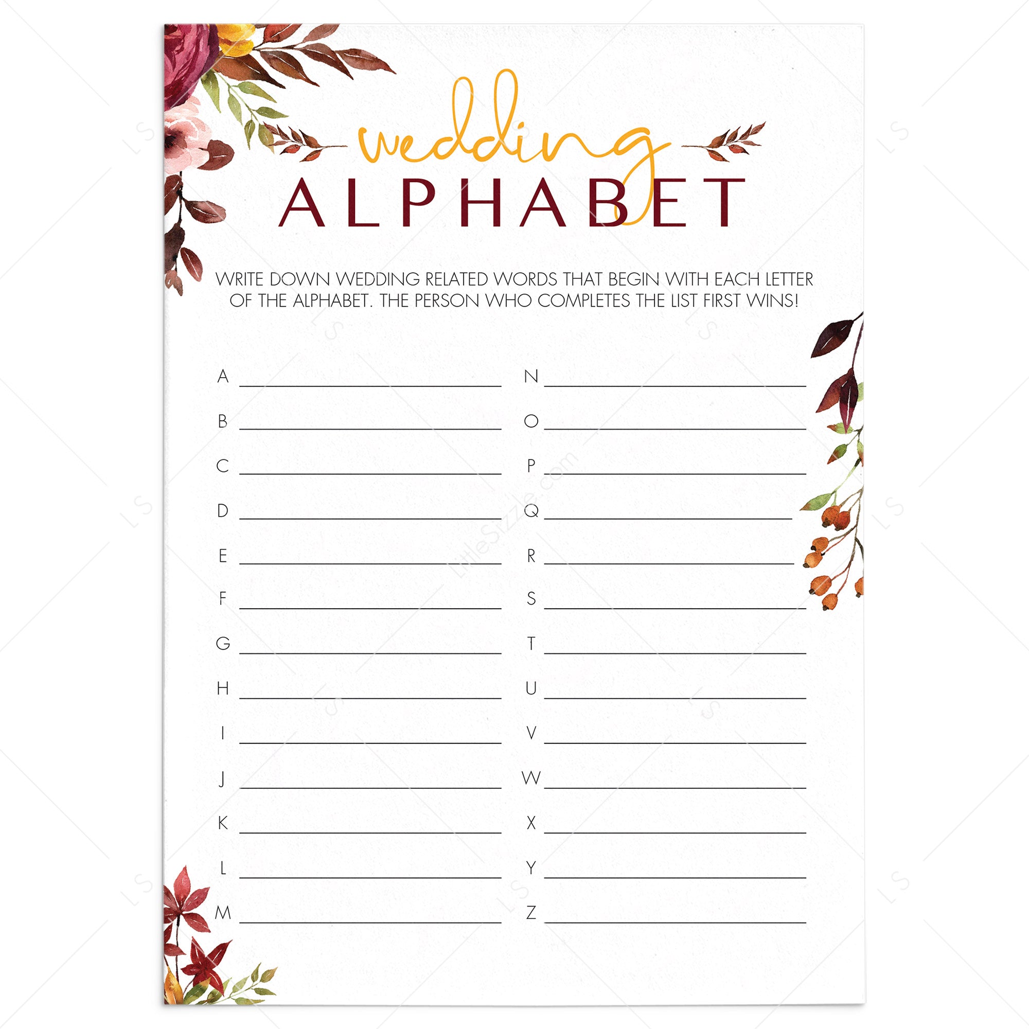 Boho Theme Wedding Shower Game Printable Wedding Alphabet by LittleSizzle