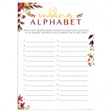 Boho Theme Wedding Shower Game Printable Wedding Alphabet by LittleSizzle