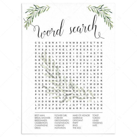 Wedding Word Search Game Printable Greenery Theme by LittleSizzle