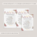 Fall Wedding Shower Game What Did He Say Editable Template