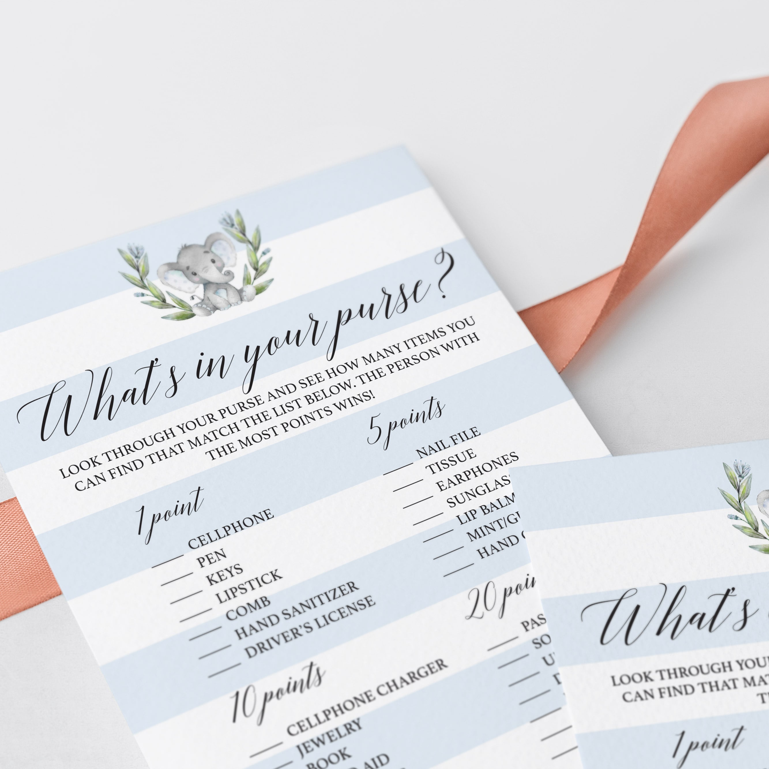 Elephant baby on blue and white stripes baby shower game cards by LittleSizzle