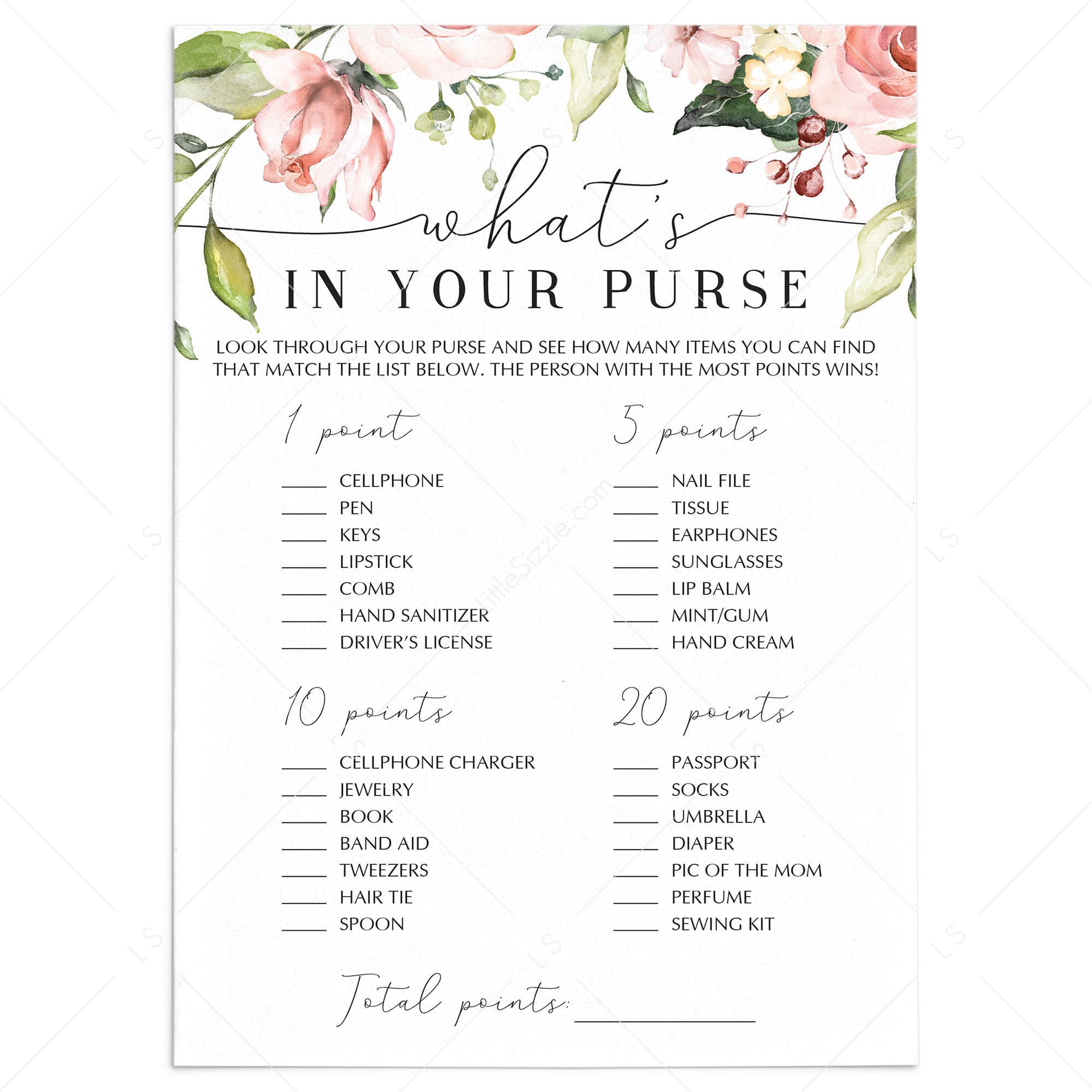 Baby shower purse hunt game printable floral by LittleSizzle