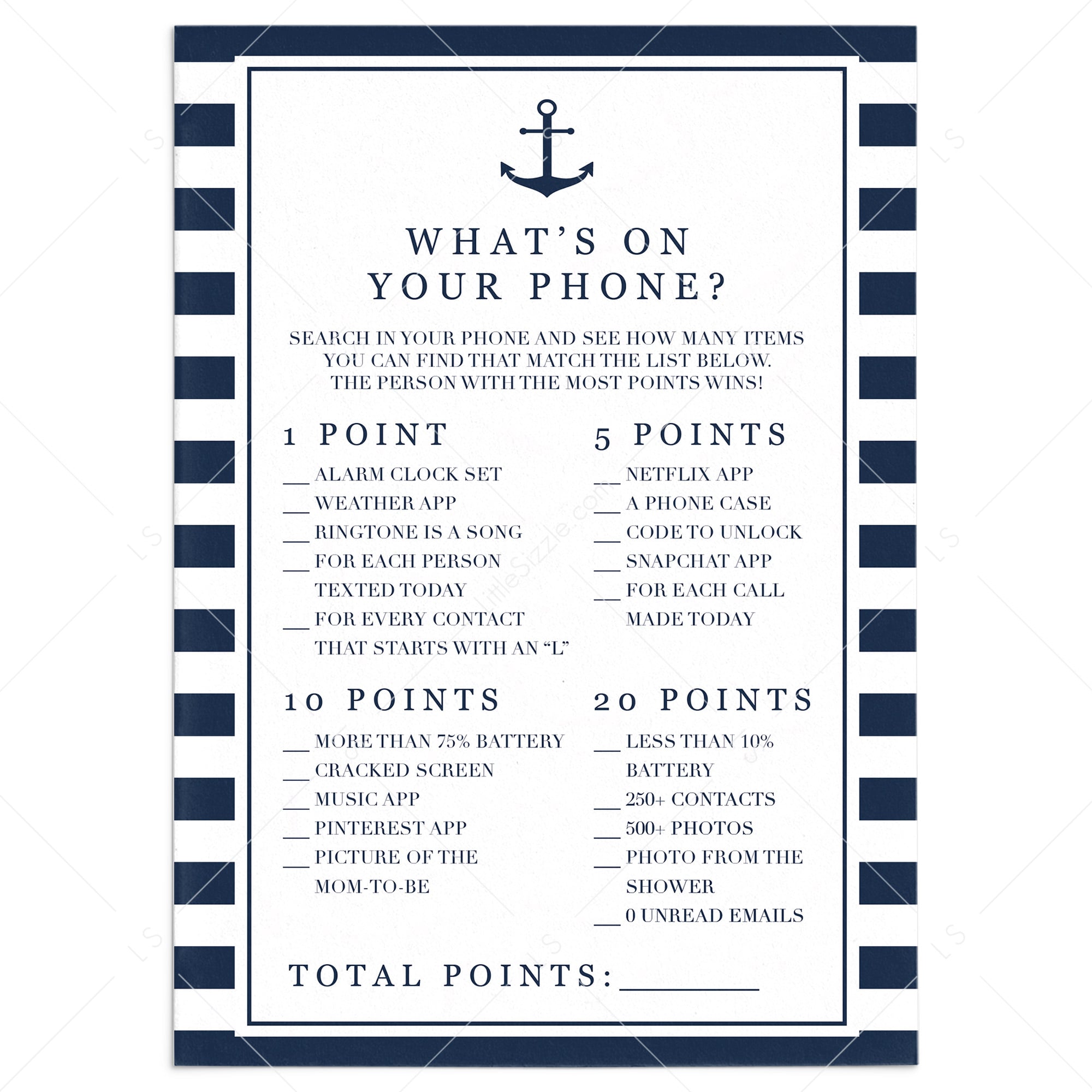Nautical baby shower phone raid game printable by LittleSizzle