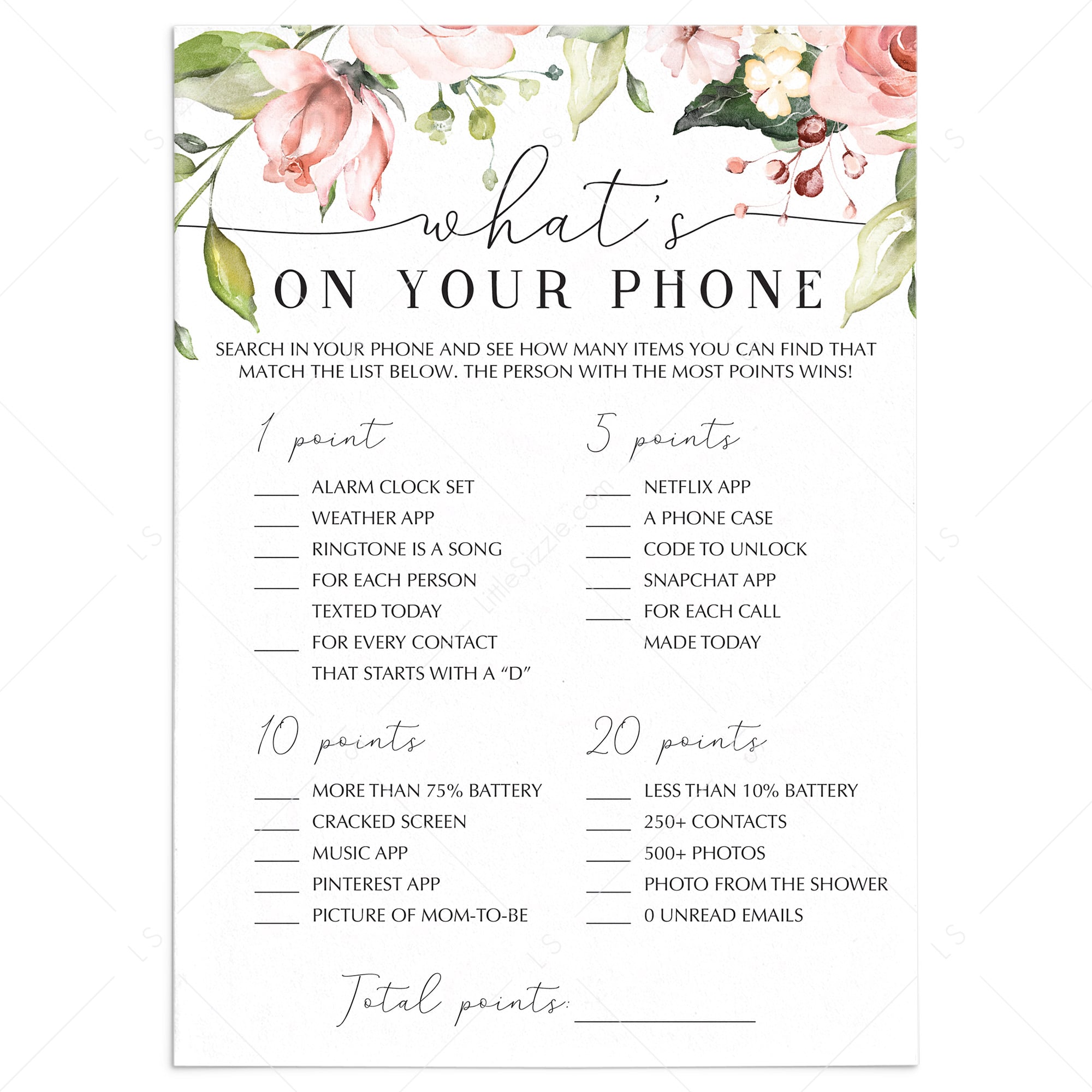 Floral baby shower games what's on your phone printable by LittleSizzle