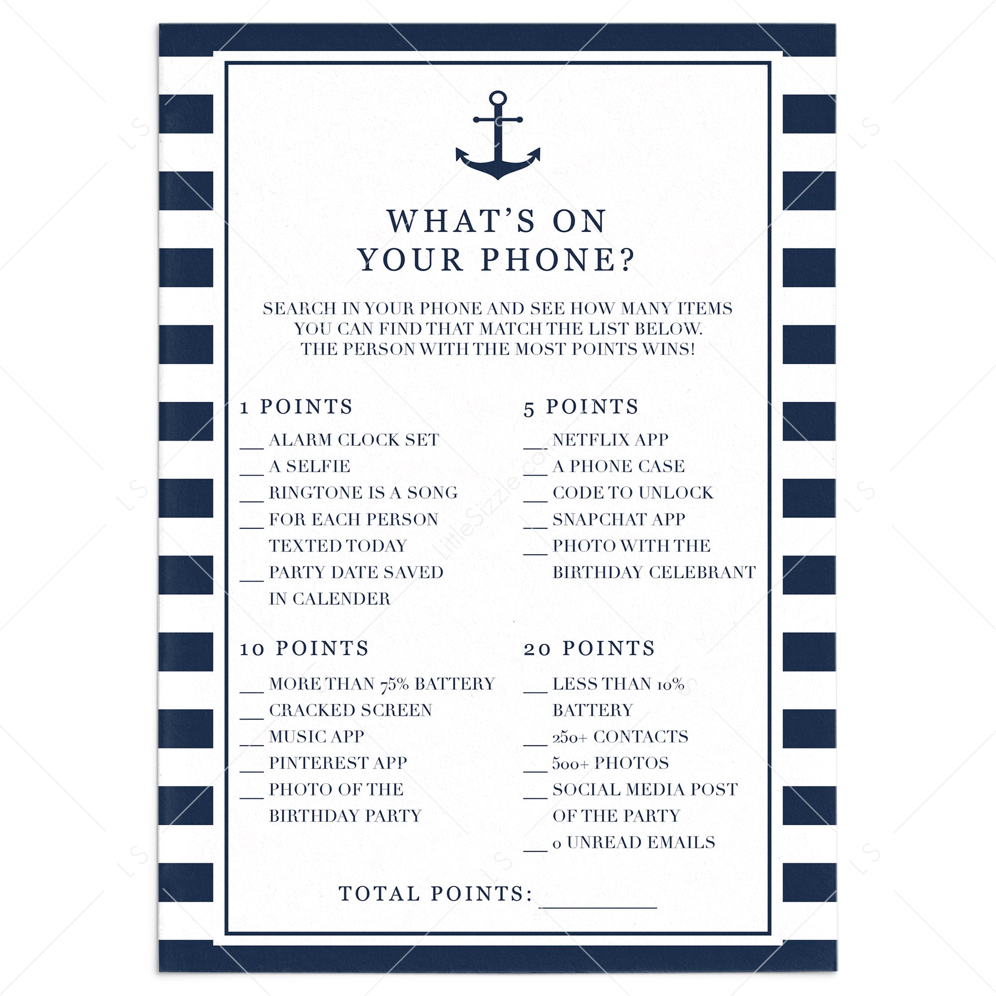 What's On Your Phone Birthday Party Game Nautical Theme by LittleSizzle