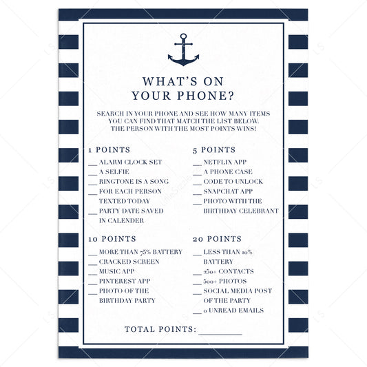 What's On Your Phone Birthday Party Game Nautical Theme by LittleSizzle