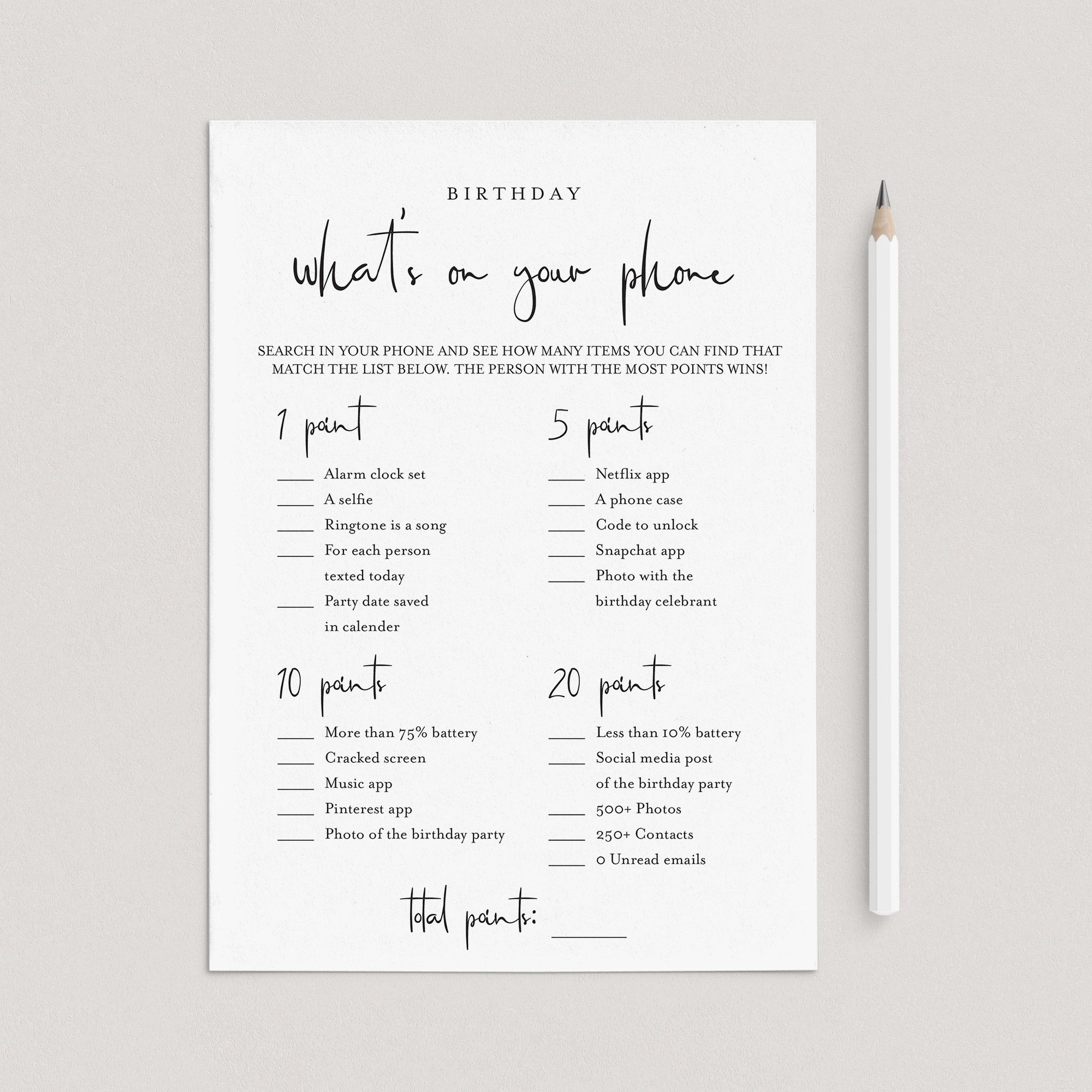 Birthday What's On Your Phone Game Card Printable by LittleSizzle