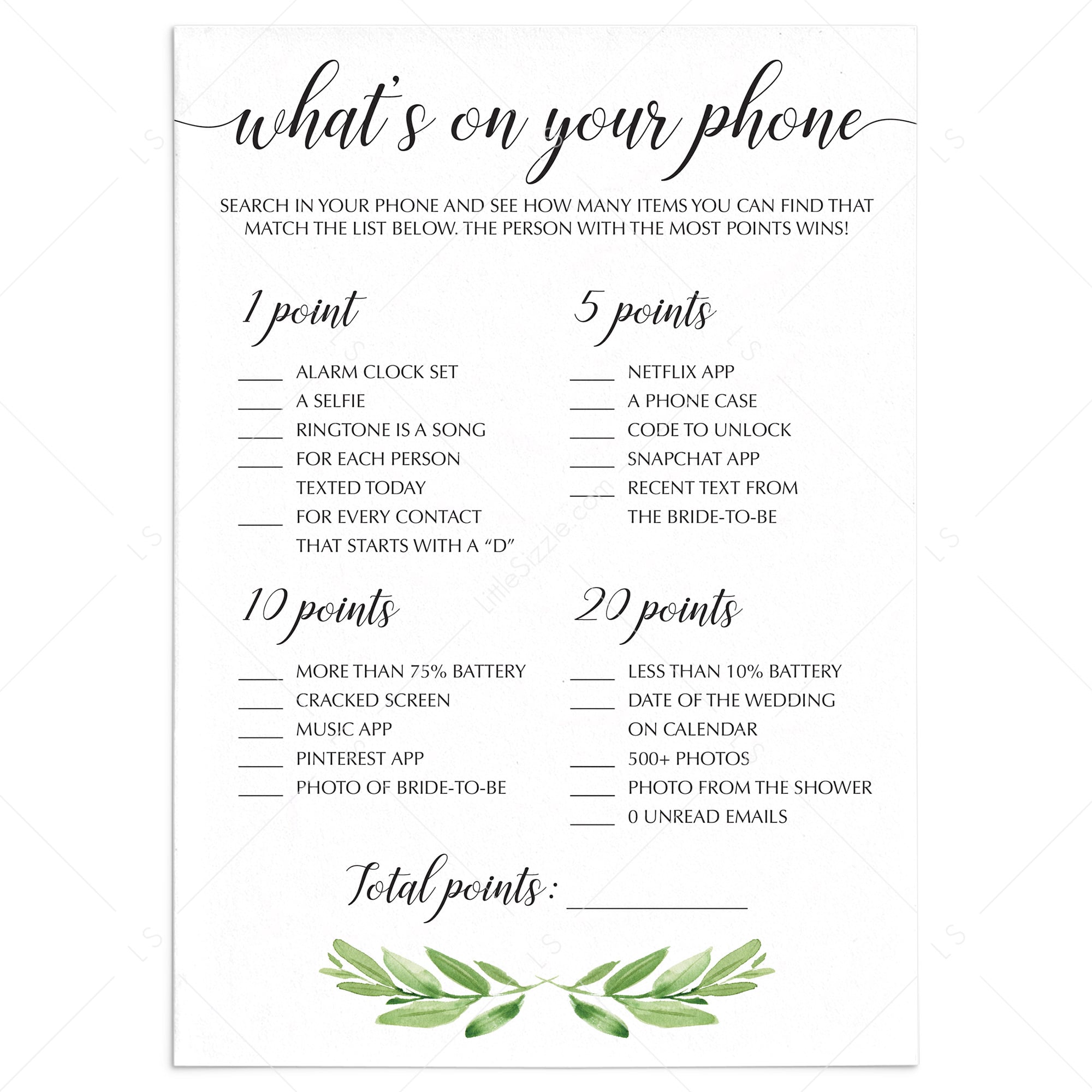 Greenery Bridal Shower Games Whats on Your Phone by LittleSizzle