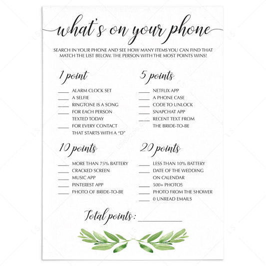 Greenery Bridal Shower Games Whats on Your Phone by LittleSizzle