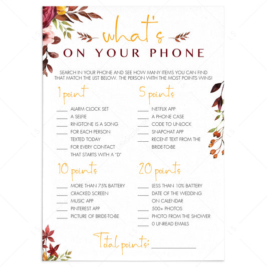 Bohemian Bridal Party Game What's On Your Phone by LittleSizzle