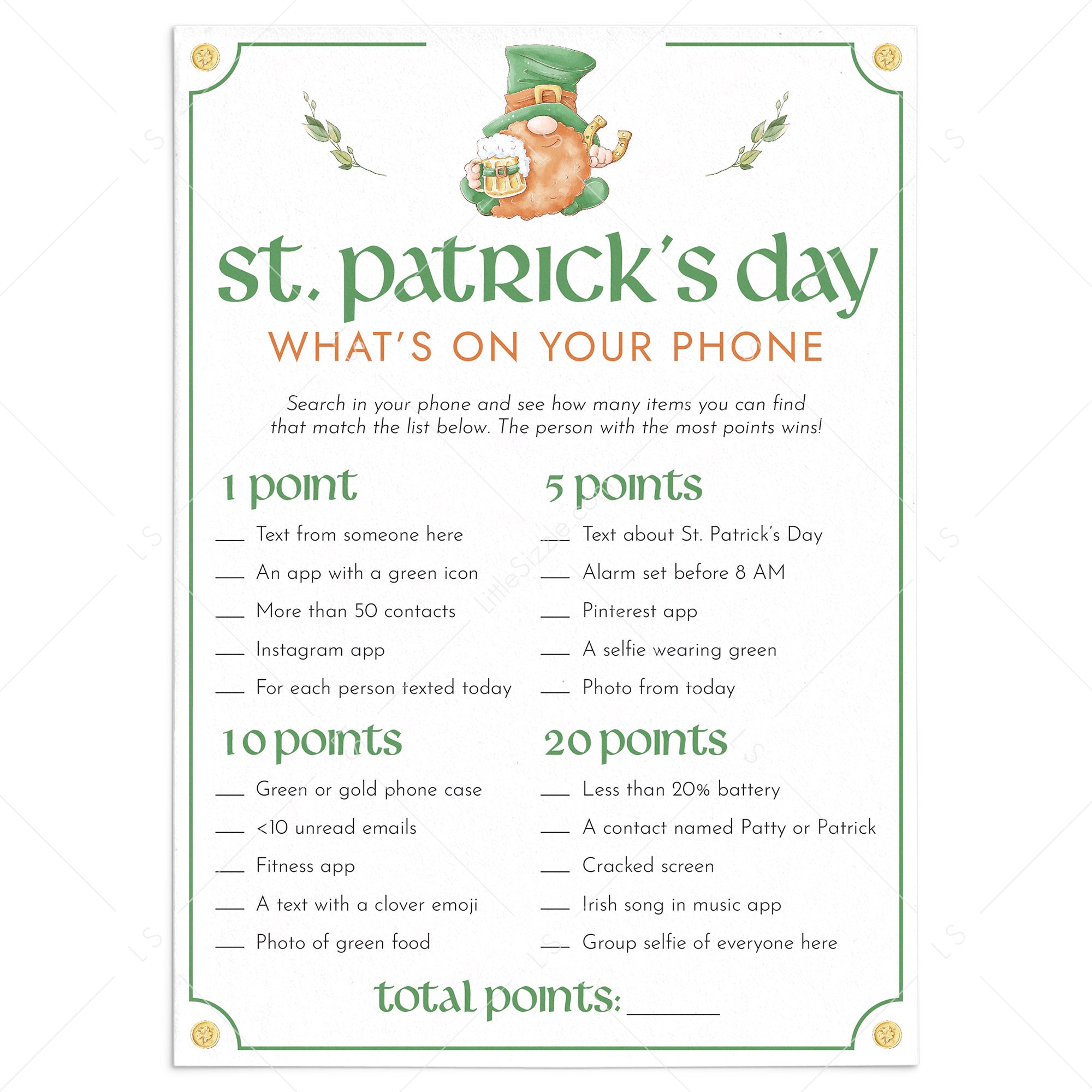 St Patricks Party Game Whats On Your Phone Printable by LittleSizzle