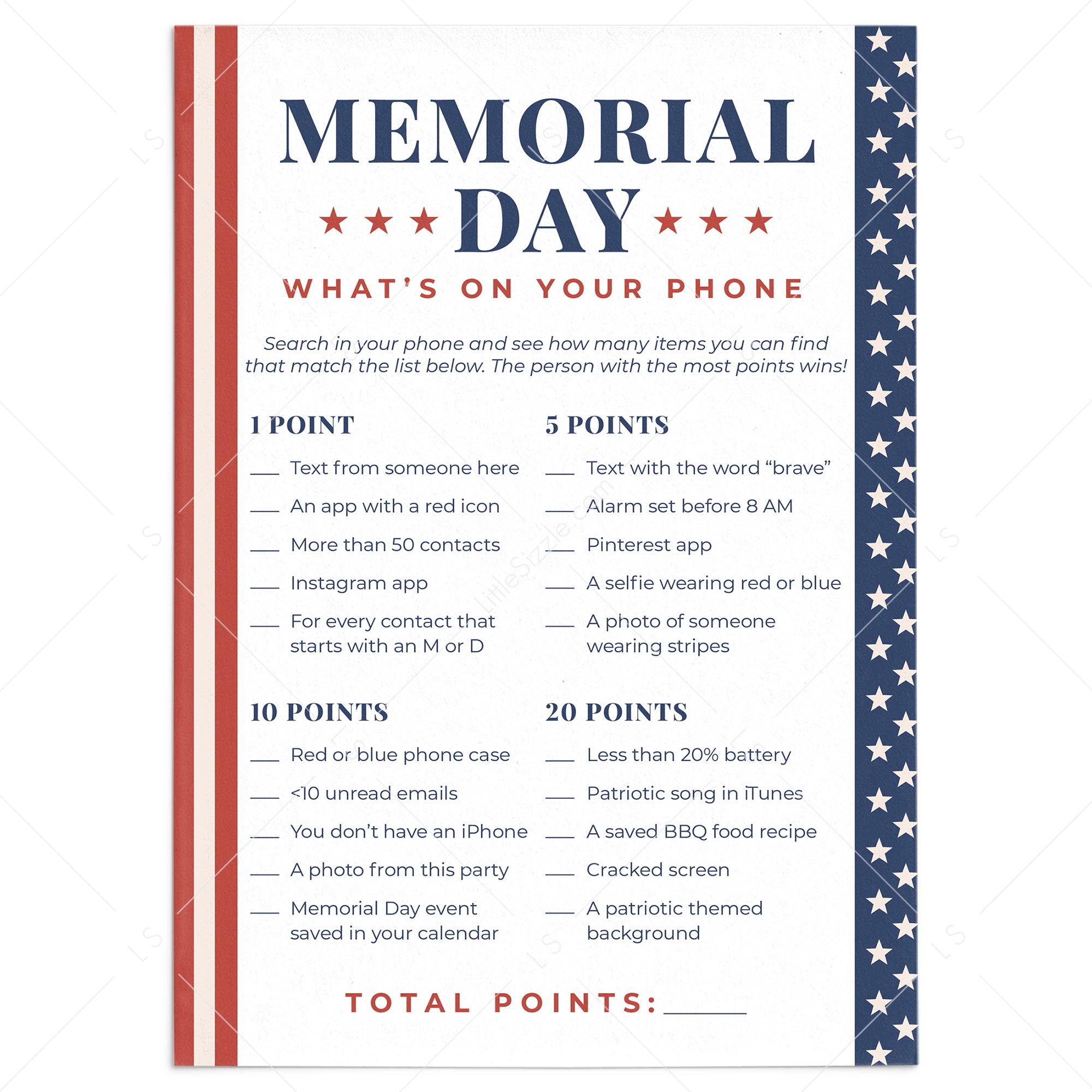 Memorial Day Game for Adults Whats On Your Phone by LittleSizzle