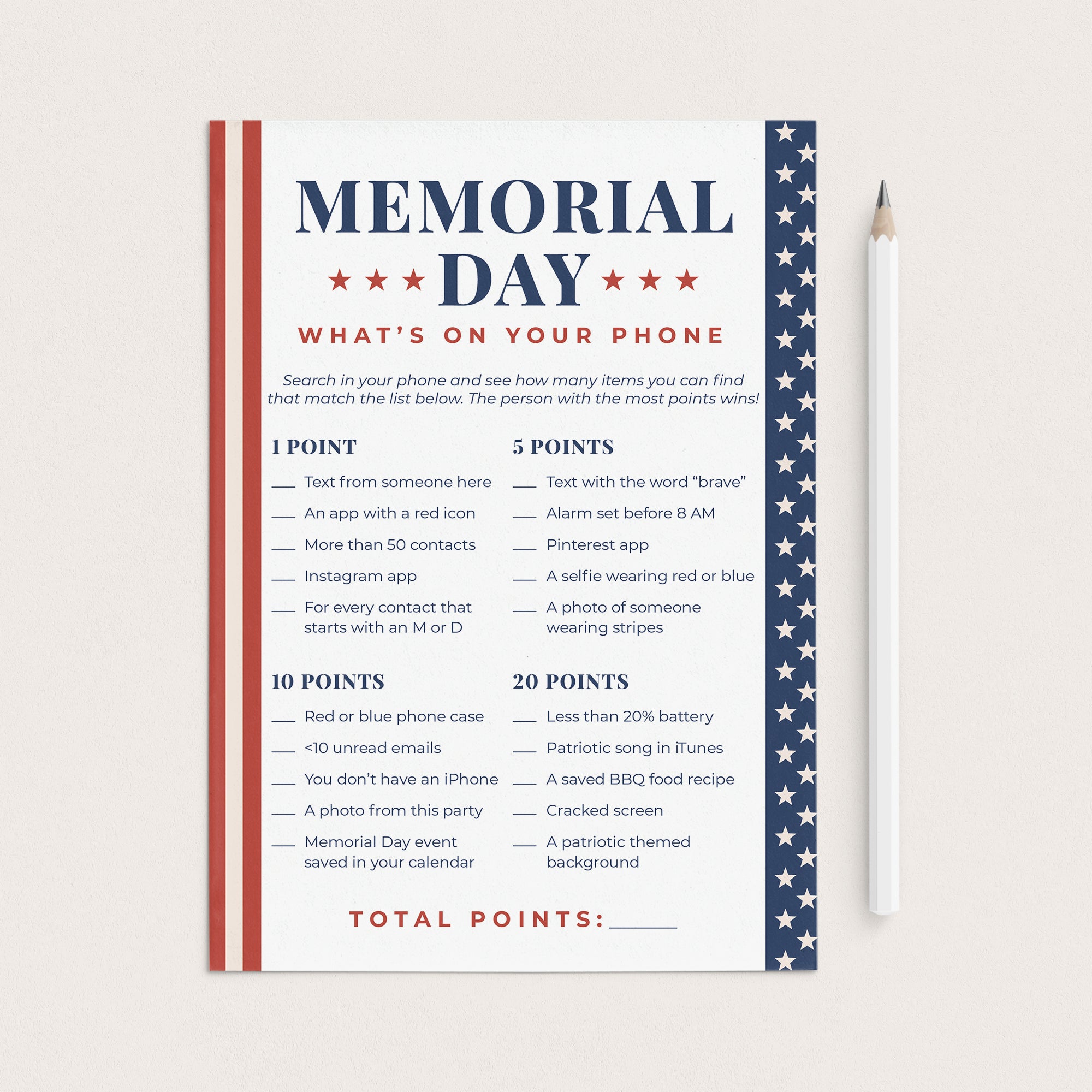 Memorial Day Game for Adults Whats On Your Phone by LittleSizzle