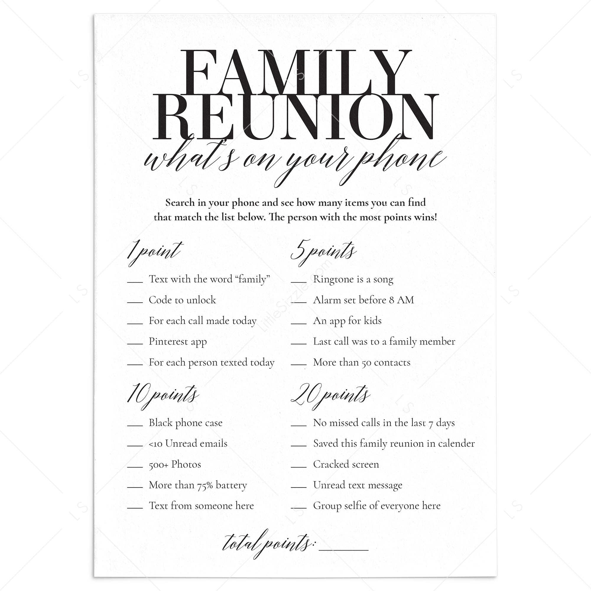 What’s In Your Phone Game for Family | Printable Family Reunion