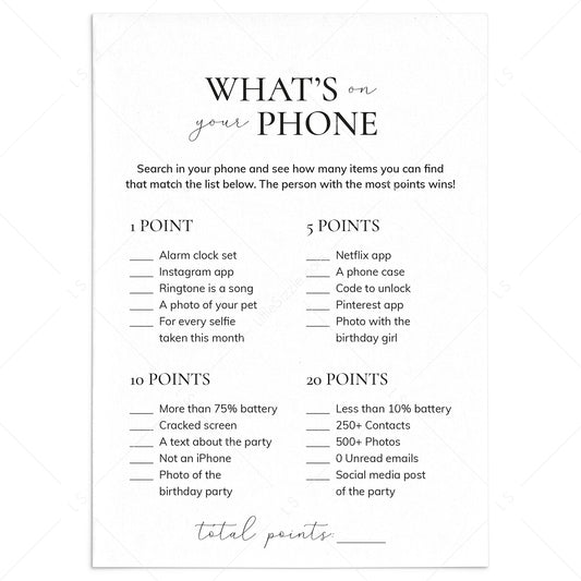 Printable What's On Your Phone Birthday Game for Her by LittleSizzle
