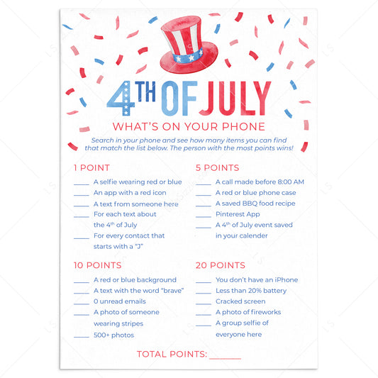 4th of July Party Game for Adults What's On Your Phone by LittleSizzle