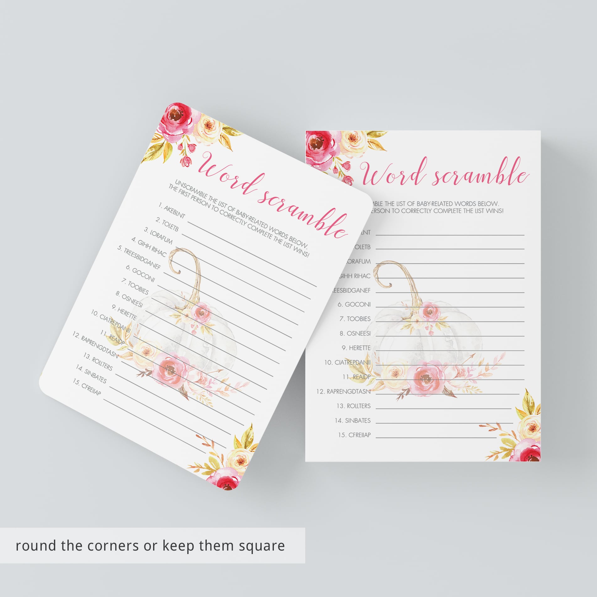 Word scramble game for fall themed girl baby shower by LittleSizzle