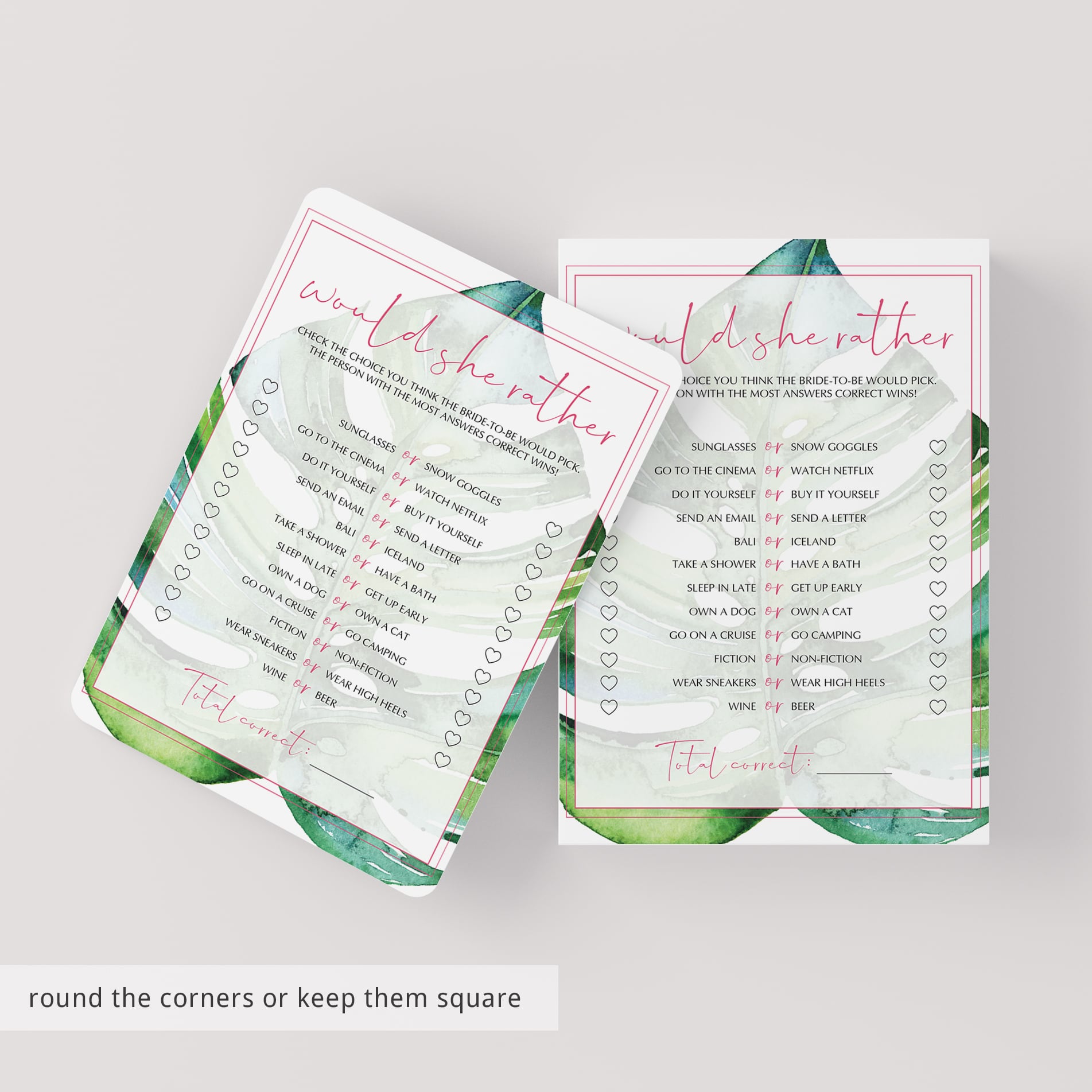tropical leaf bridal shower would she rather game printable
