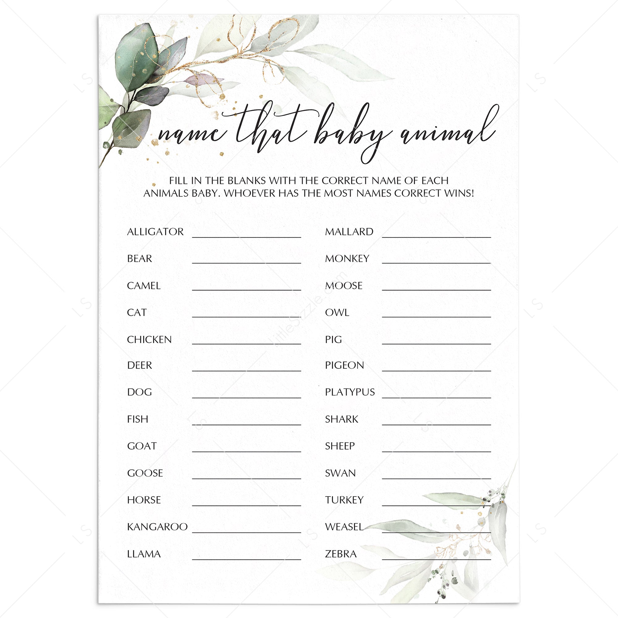Modern Chic Baby Shower Game Printable Name That Baby Animal by LittleSizzle