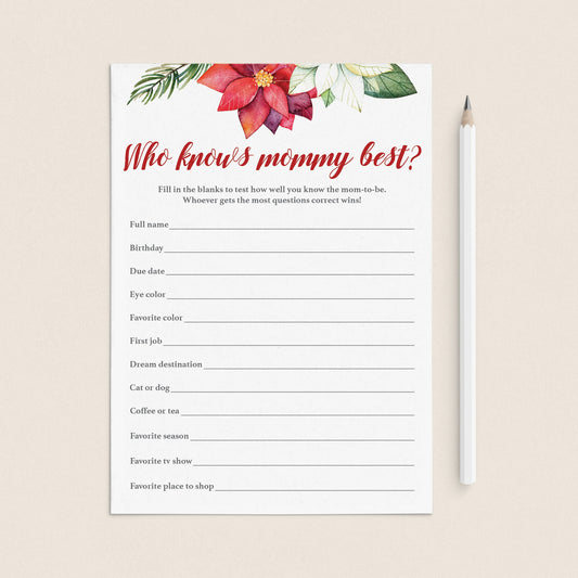 Winter Floral Baby Shower Game Who Knows Mommy Best by LittleSizzle