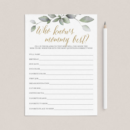 Gold And Green Baby Shower Mommy Quiz Printable