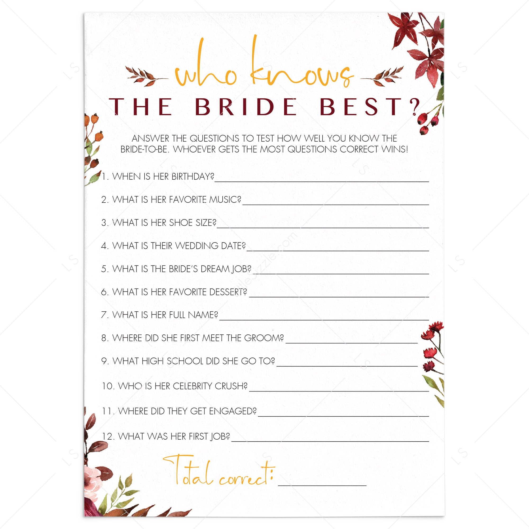 Burgundy Wedding Shower Game How Well Do You Know The Bride by LittleSizzle