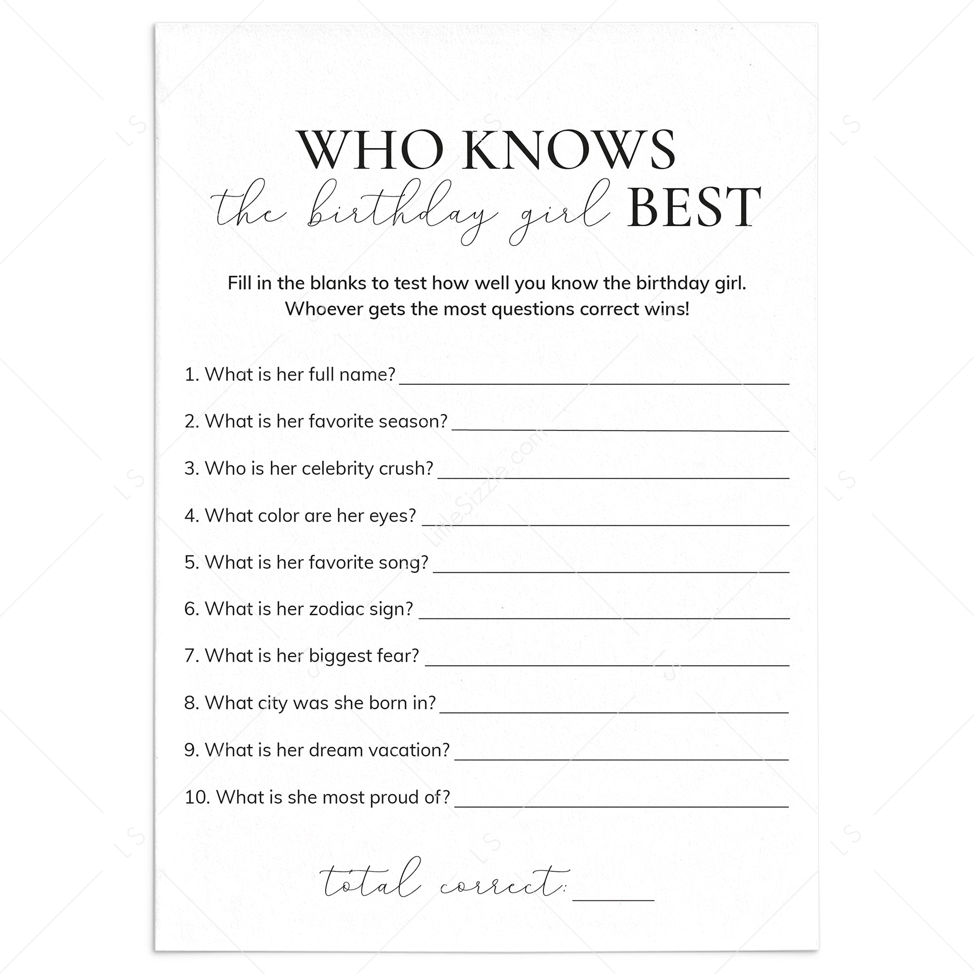 Printable Who Knows The Birthday Girl Best Quiz Instant Download