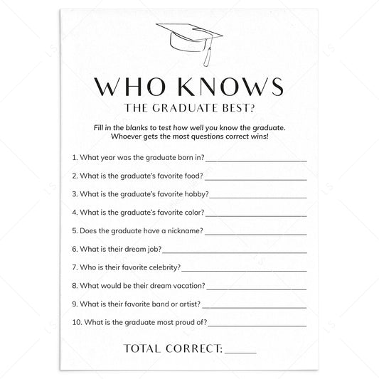 Printable Who Knows The Graduate Best Graduation Party Game by LittleSizzle