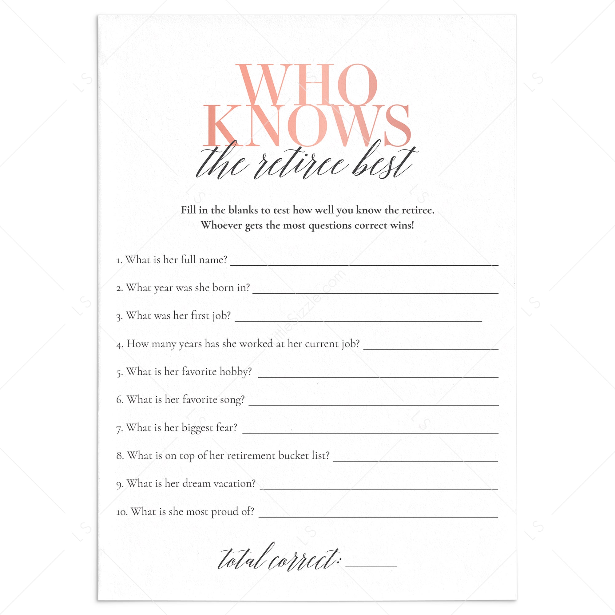 Who Knows The Retiree Best Retirement Party Game for Her by LittleSizzle