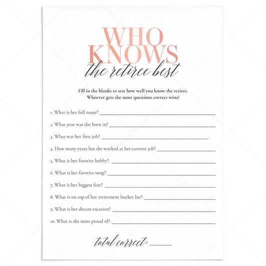 Who Knows The Retiree Best Retirement Party Game for Her by LittleSizzle