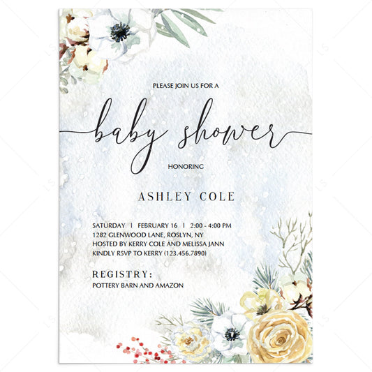 Winter florals baby shower invitation template by LittleSizzle