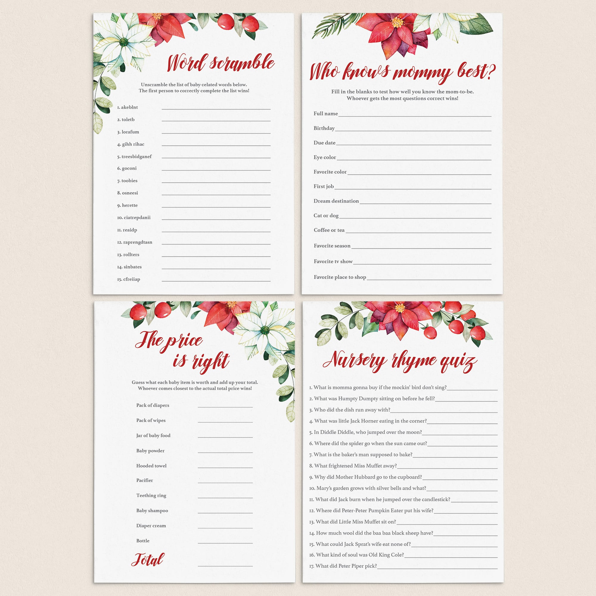 Winter Floral Baby Shower Games Bundle Instant Download by LittleSizzle