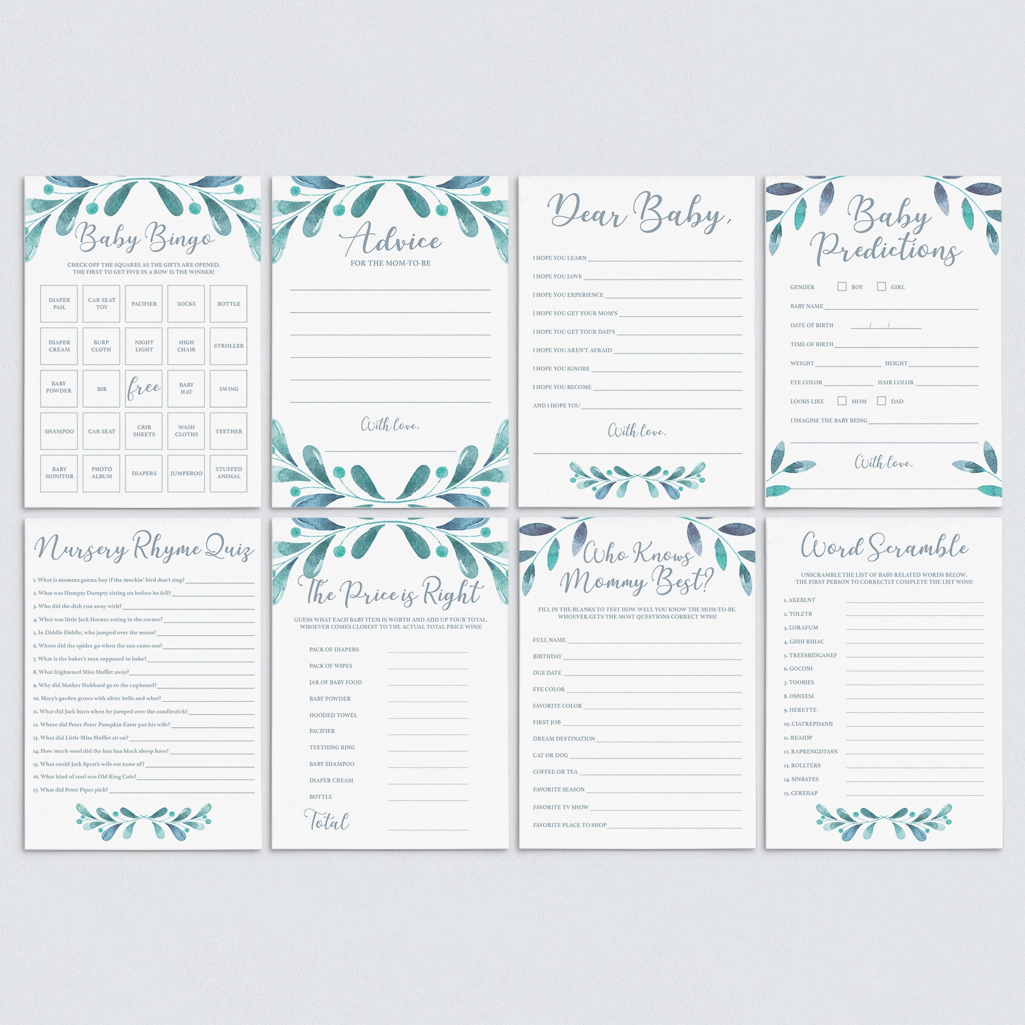 Huge Baby Shower Games Package with Watercolor Leaves by LittleSizzle