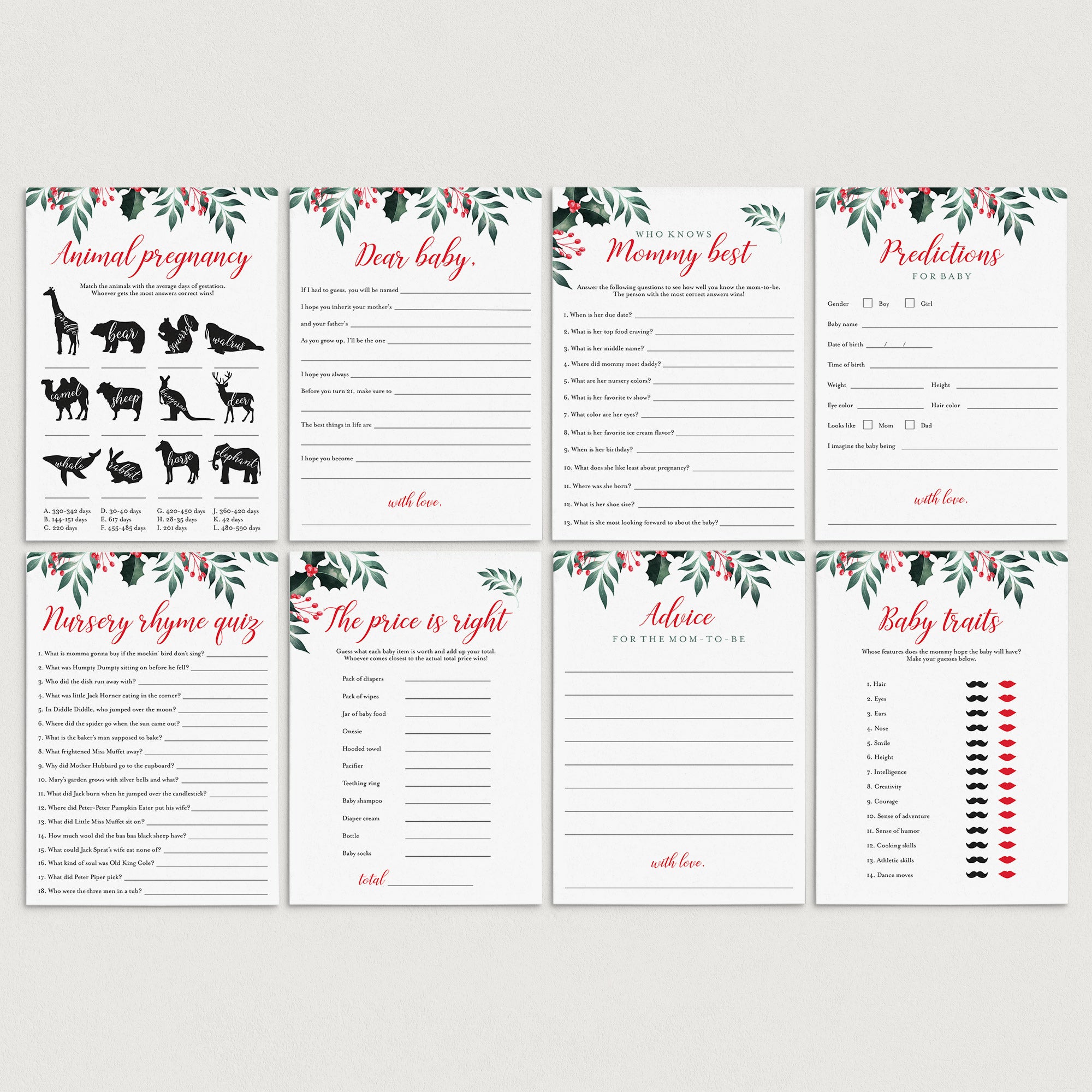 8 Winter Holly Baby Shower Games Printable by LittleSizzle