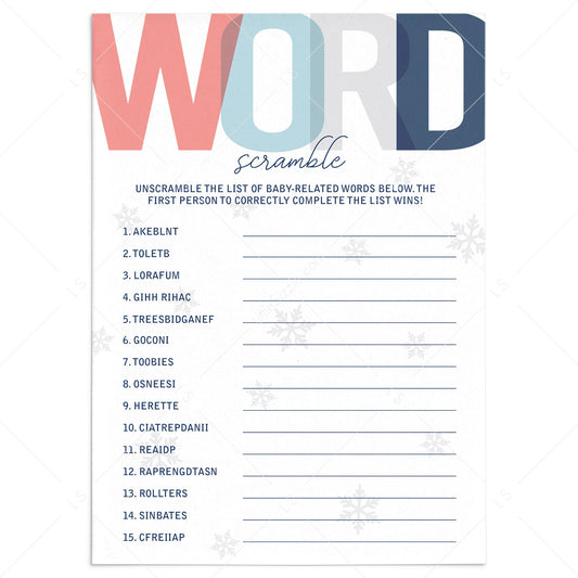 Printable baby word scramble for winter shower by LittleSizzle