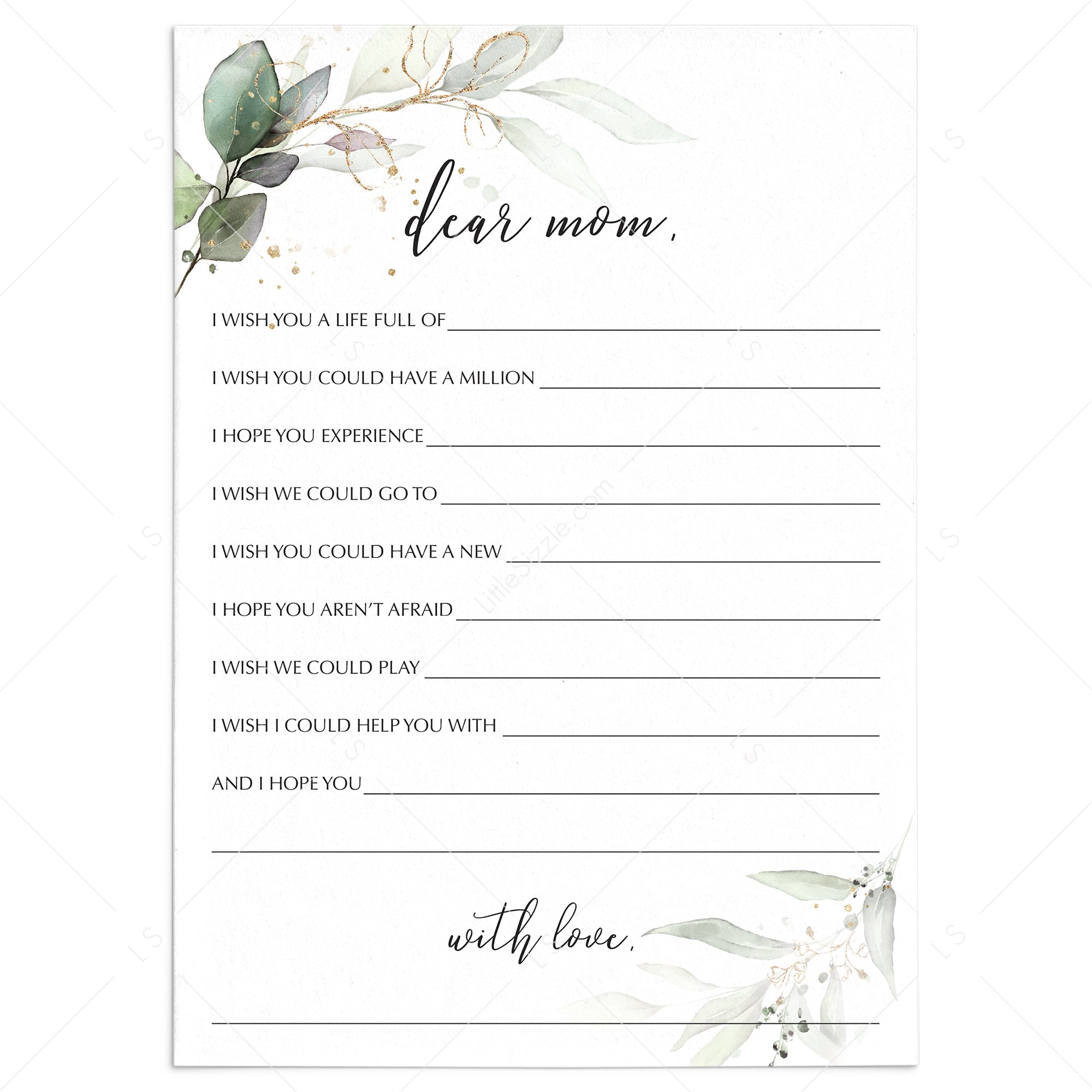Greenery and Gold Mother's Day Wish Cards Printable by LittleSizzle