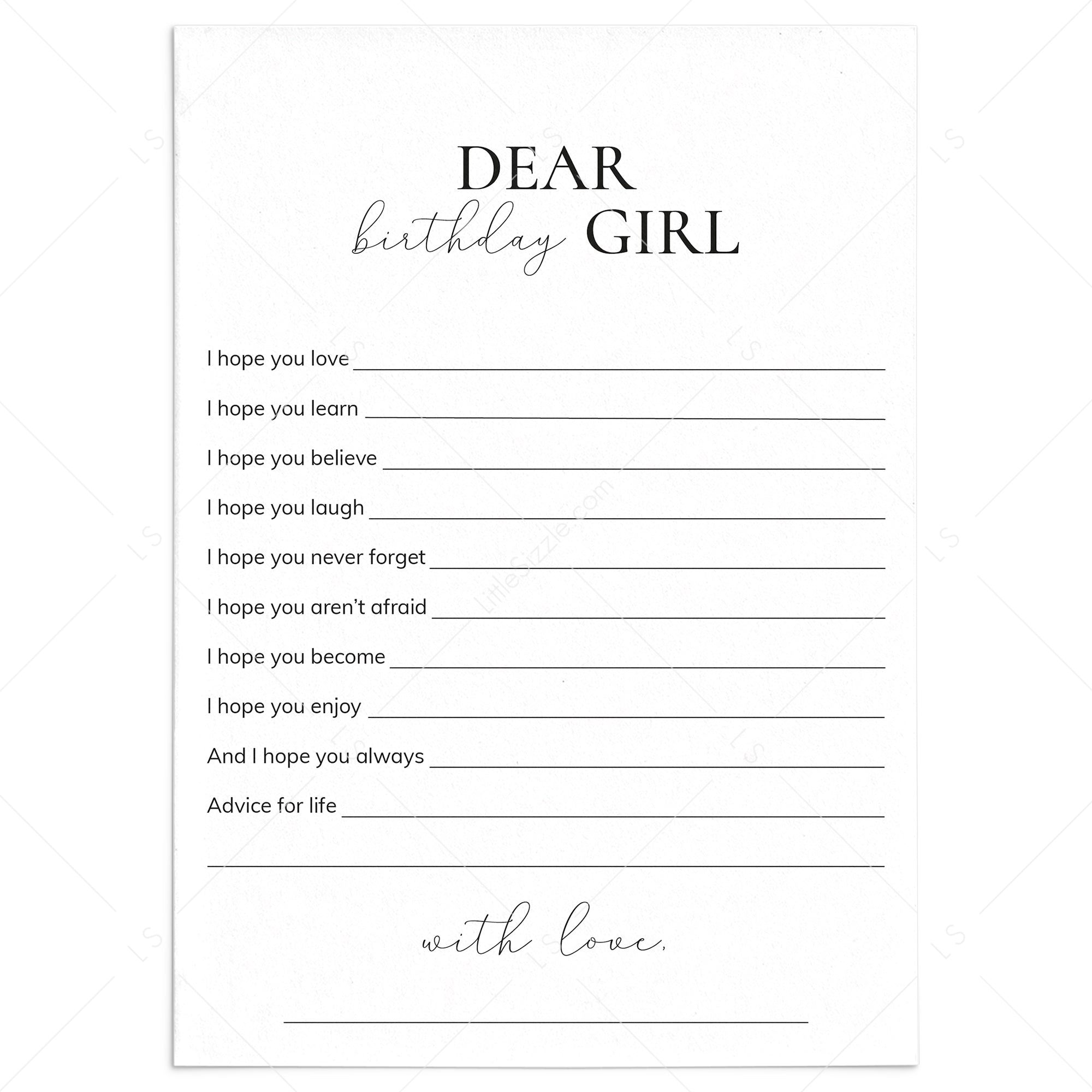 Printable Wishes For The Birthday Girl Cards by LittleSizzle