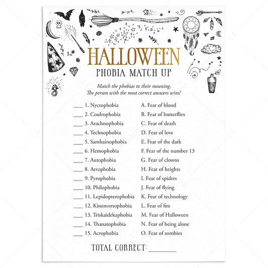 Halloween Phobia Matching Game with Answers Printable by LittleSizzle