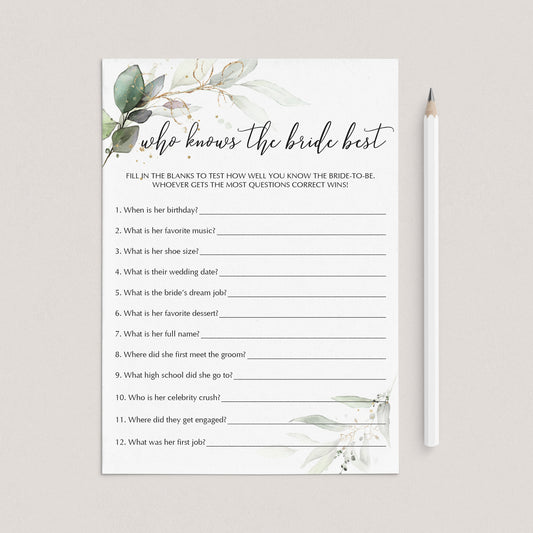 Greenery Bridal Shower Game Who Knows The Bride Best Instant Download by LittleSizzle