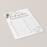 Greenery and Gold Theme Birthday Party Game Finish My Phrase Printable