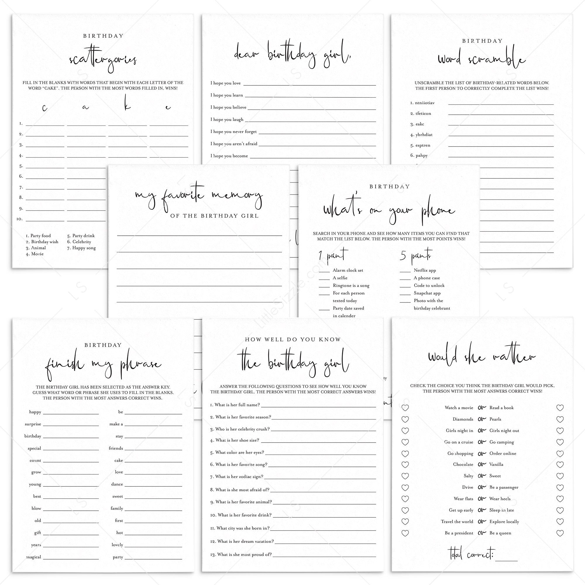 Printable Birthday Game Bundle for Her by LittleSizzle