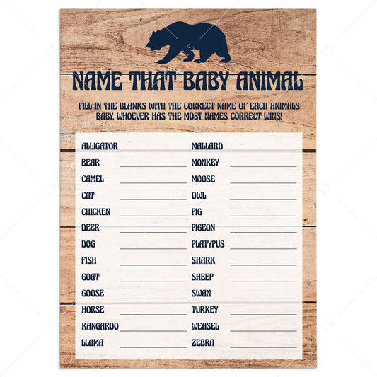 Name that baby animal game for rustic baby shower printable by LittleSizzle