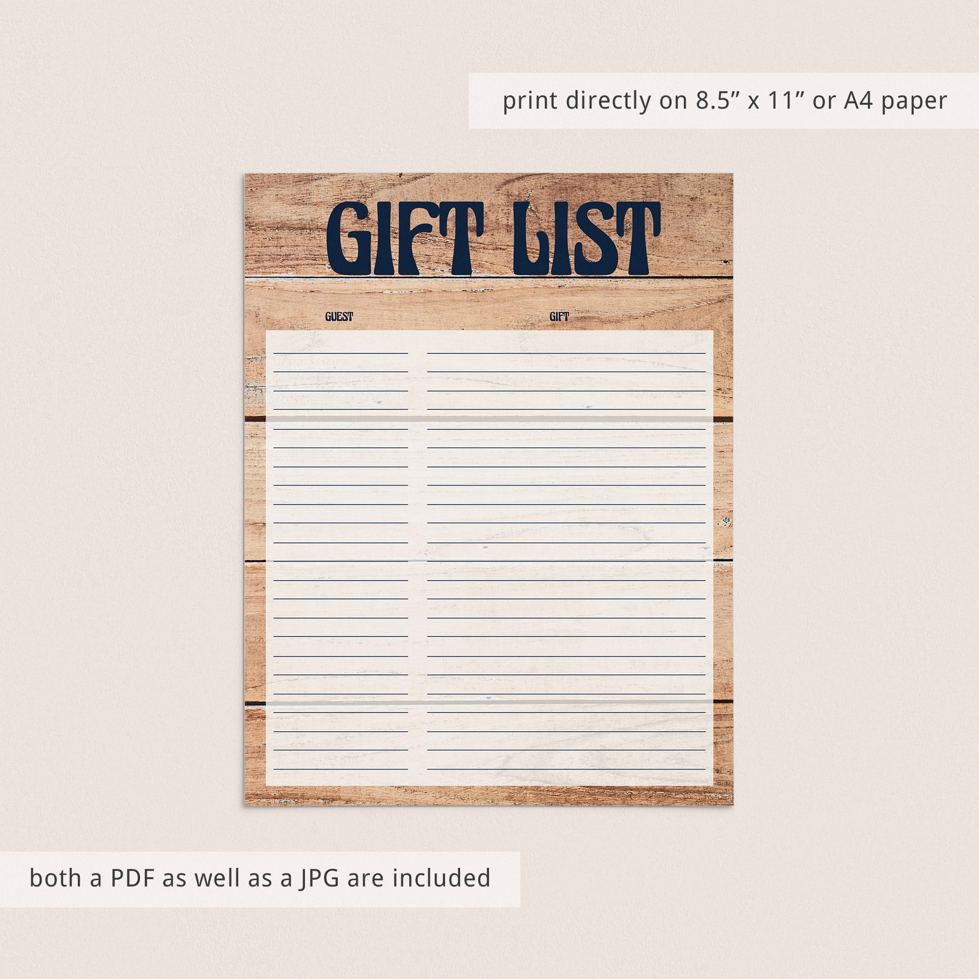 Wood background printable gift list for rustic party by LittleSizzle