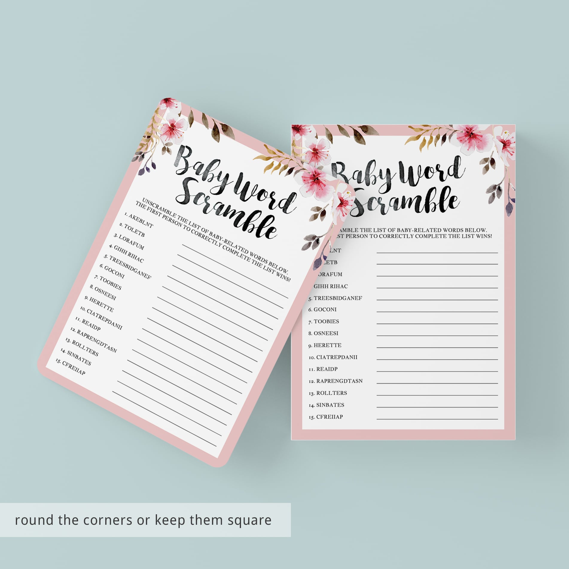 Pink floral and black baby shower game printables by LittleSizzle