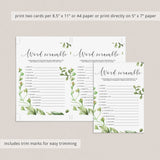 Baby Shower Unscramble the Words Game with Watercolor Green Leaf