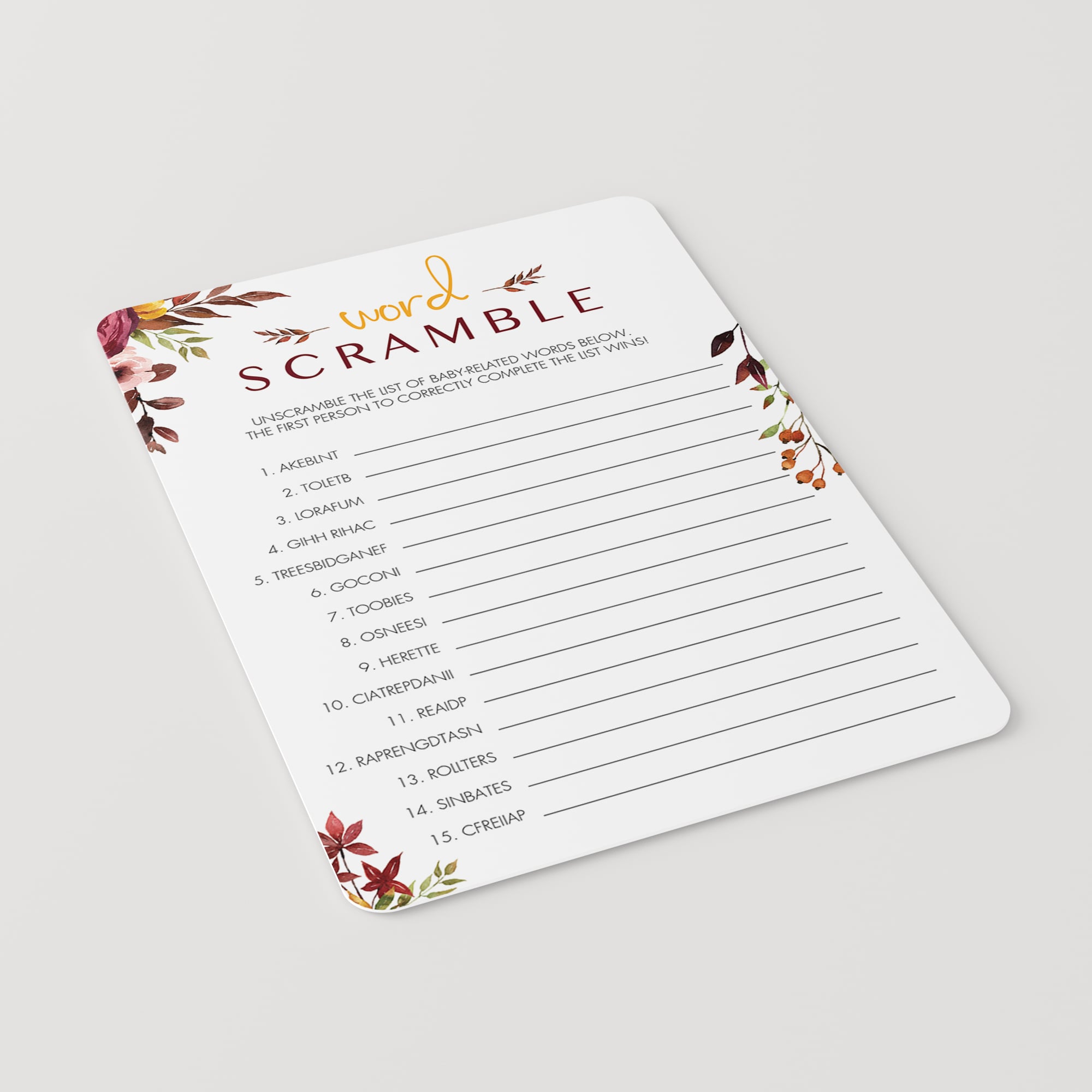 Word scramble baby shower game fall by LittleSizzle