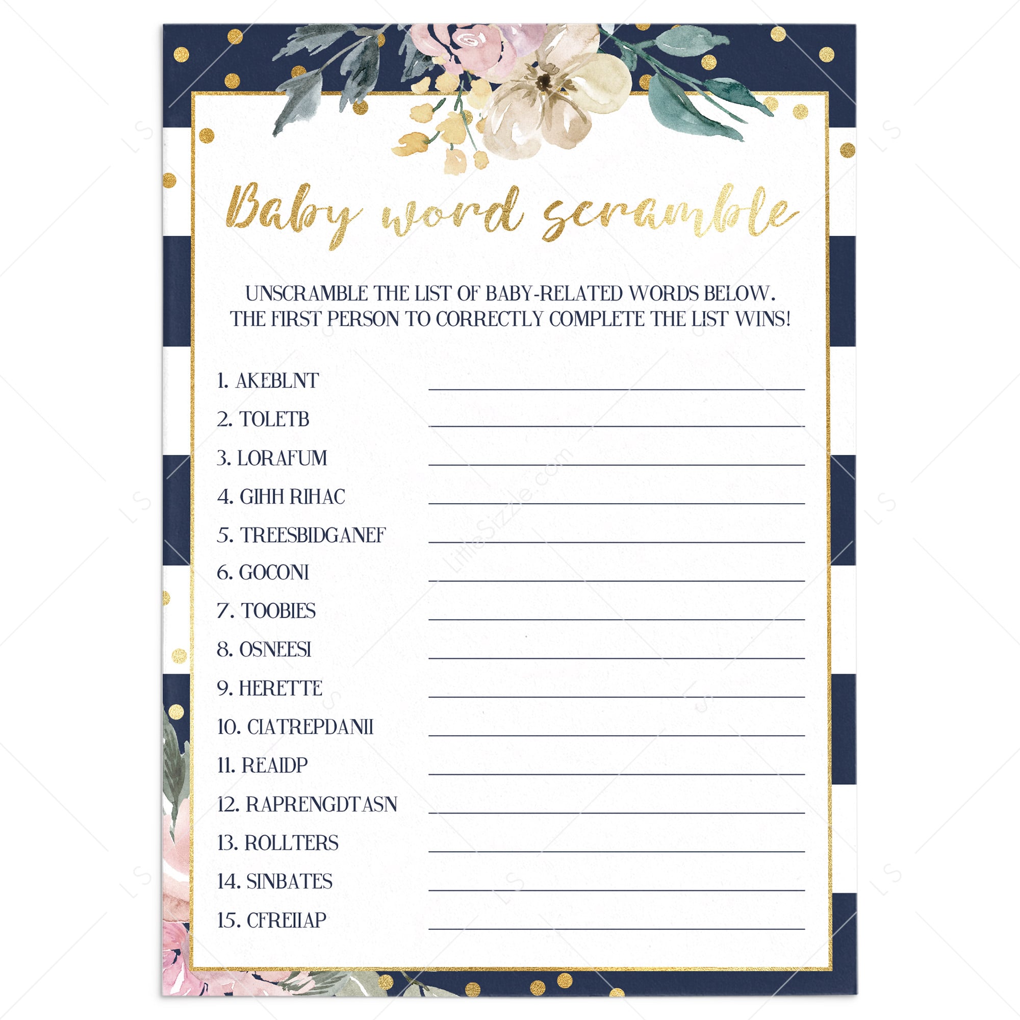 Baby Word Scramble game for girl baby shower by LittleSizzle