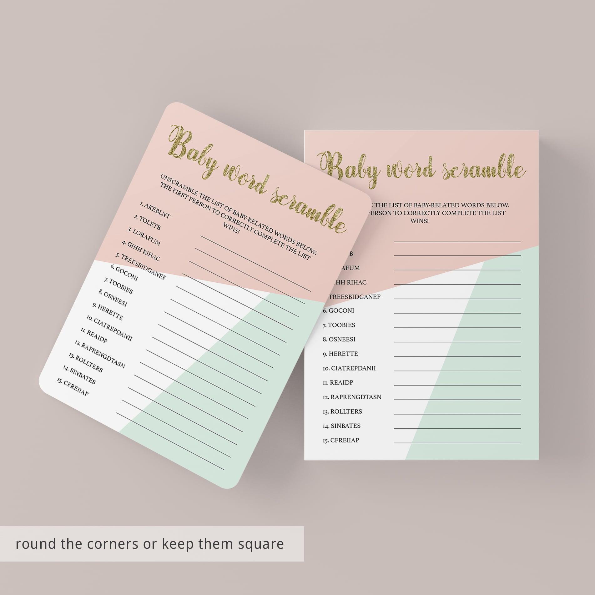 Pink and gold baby shower game printable by LittleSizzle