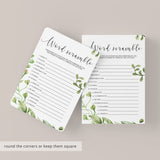 Baby Shower Unscramble the Words Game with Watercolor Green Leaf