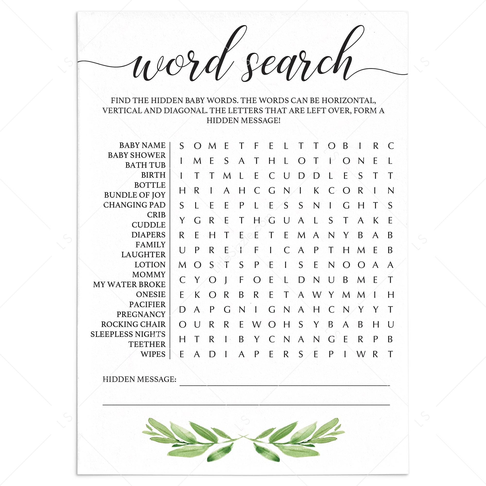 Greenery baby shower games printable word search by LittleSizzle
